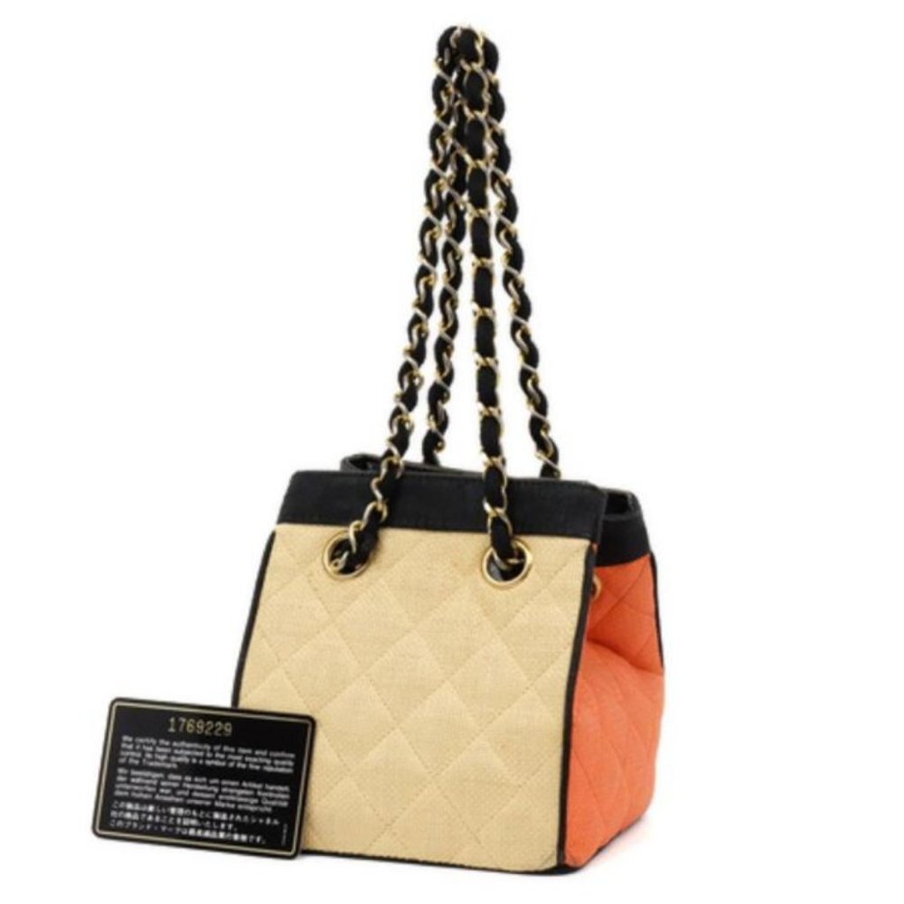 Chanel Bicolor Raffia Straw CC Logo Quilted Chain